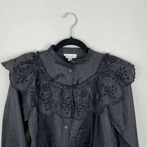 Topshop Frill Ruffle Eyelet Cutout Long Sleeve Button Up Top US Size 4 Black - Picture 3 of 6